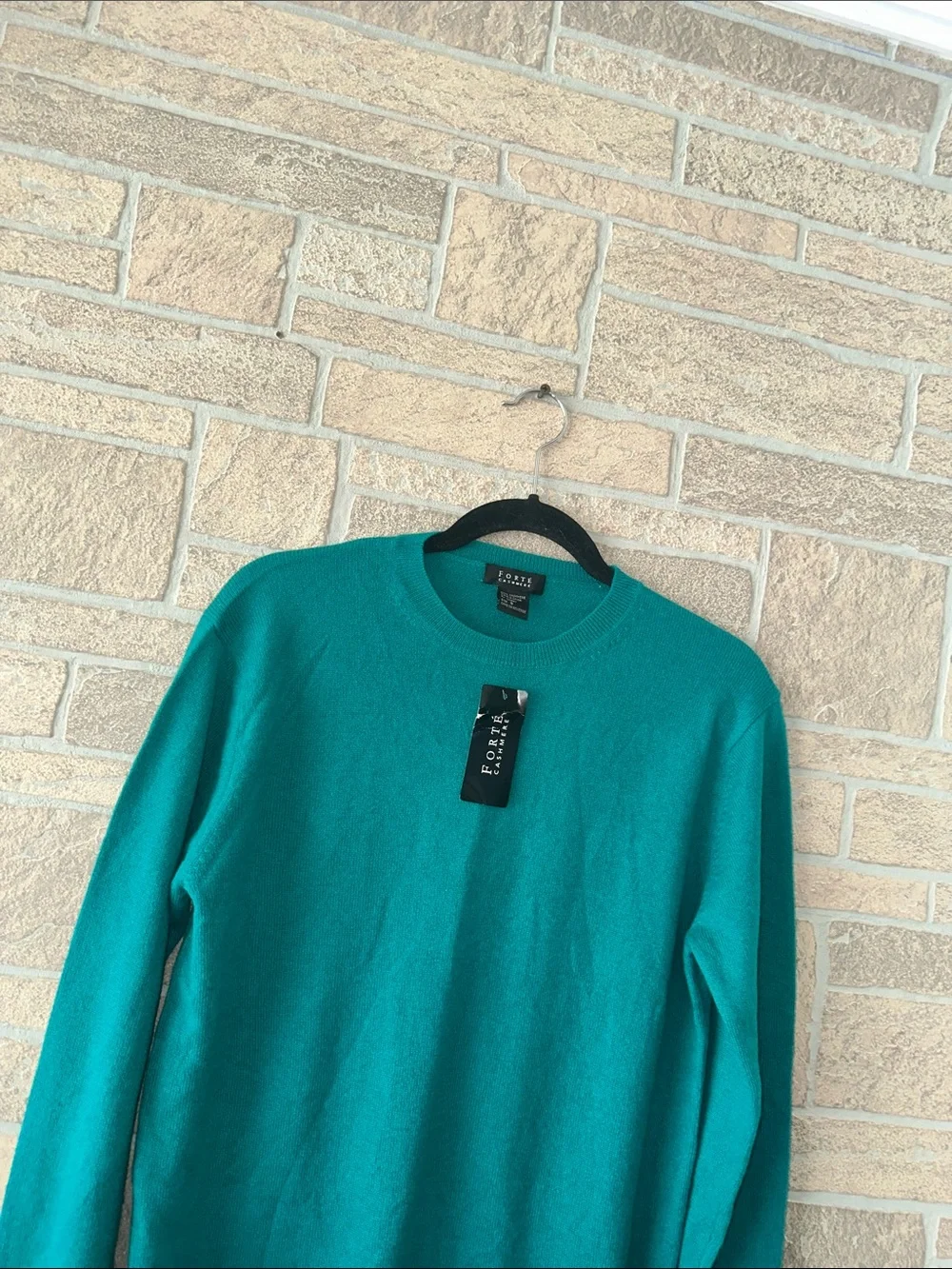 NWT Forte Cashmere Classic Cashmere Crewneck Sweater Lightweight Green Blue S